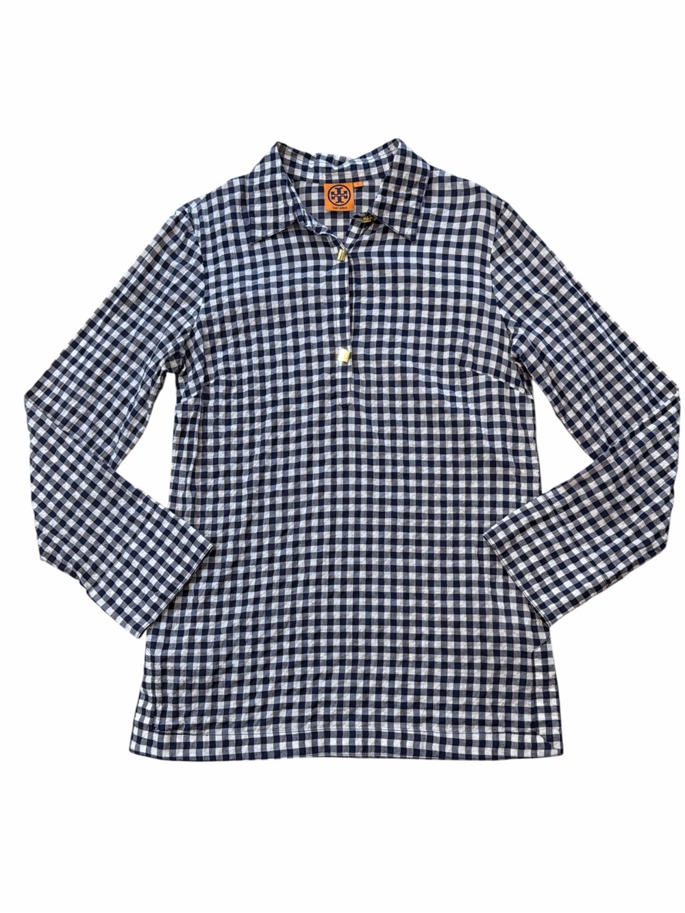 Tory Burch Navy Blue White Gingham Checked Tunic Popover Top